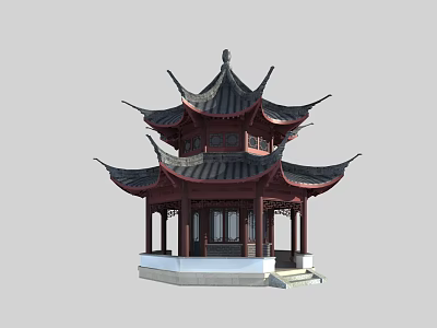 Traditional Chinese Two Story Garden Pavilion With Black Tiled Roof Red Columns And White Base 3d model