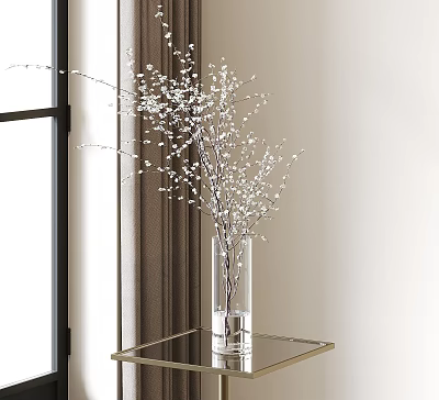Clear Glass Vase With White Blossom Branches On Gold Frame Glass Table By Window 3d model