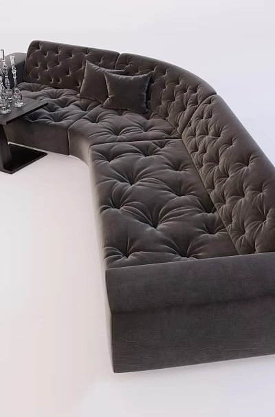 Dark Gray Curved Tufted Sofa With Side Table And Glass Candle Holders In Modern Living Interior 3d model
