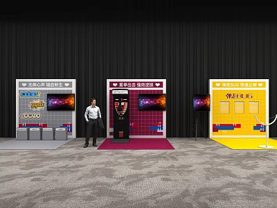 Interactive Zone With Multiple Booths Display Screens Staff And Colored Areas 3d model