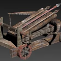 Ancient Wooden Siege Weapon With Wheeled Base Metal Components And Launch Mechanism