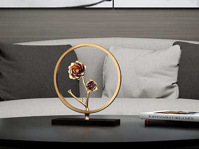 Golden Circular Frame Decorative Ornament Set With Flower Design And Black Base For Living Room Table 3d model