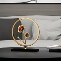 Golden Circular Frame Decorative Ornament Set With Flower Design And Black Base For Living Room Table