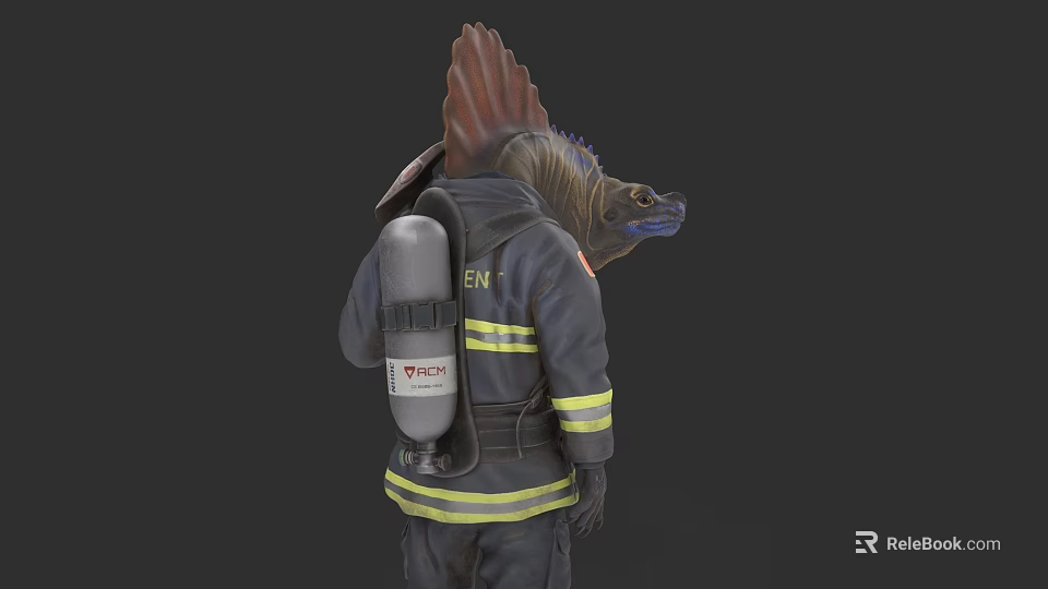 Firefighter In Uniform With Spinosaurus Head And Oxygen Tank On Back 3d model 