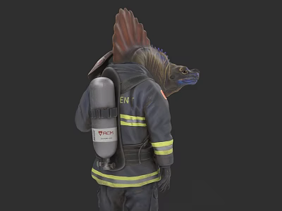 Firefighter In Uniform With Spinosaurus Head And Oxygen Tank On Back 3d model