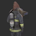 Firefighter In Uniform With Spinosaurus Head And Oxygen Tank On Back