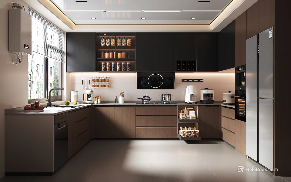 Modern Kitchen Interior Design With Black Cabinets Wooden Drawers And Lighting 3d model 