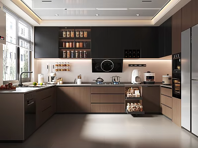 Modern Kitchen Interior Design With Black Cabinets Wooden Drawers And Lighting 3d model