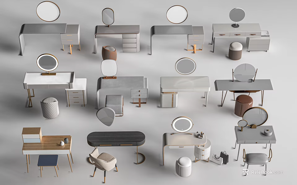 Various Style Dressing Tables With Round Mirrors Matching Stools And Storage Drawers 3d model