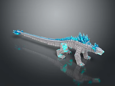 Fantasy Dinosaur 3D Model With Gray Body Blue Spiked Back And Glowing Crystal Structures 3d model
