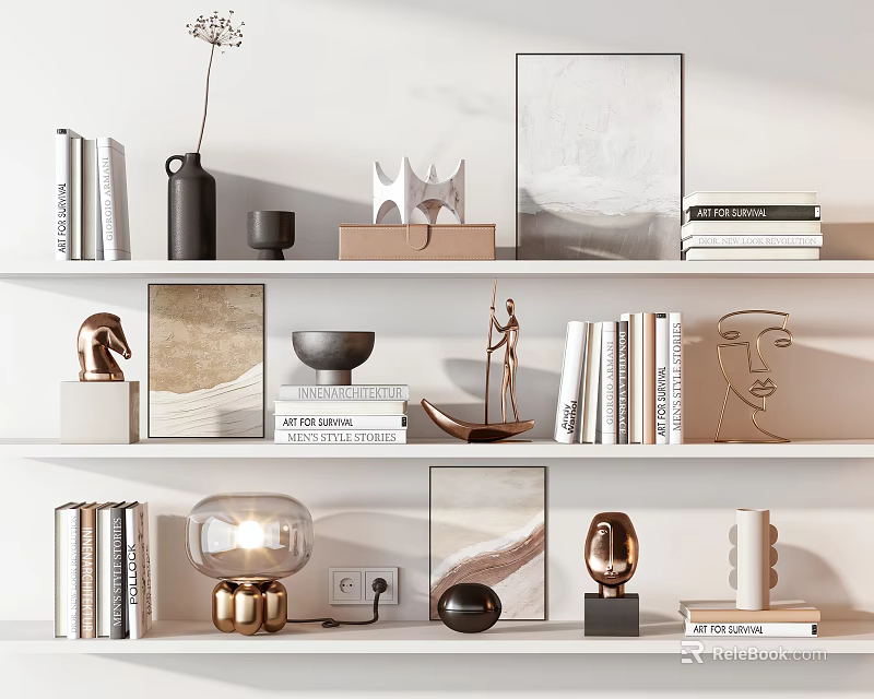 Stylish Decorative Ornament Combination On Shelves With Books Sculptures Vases And Picture Frames 3d model 