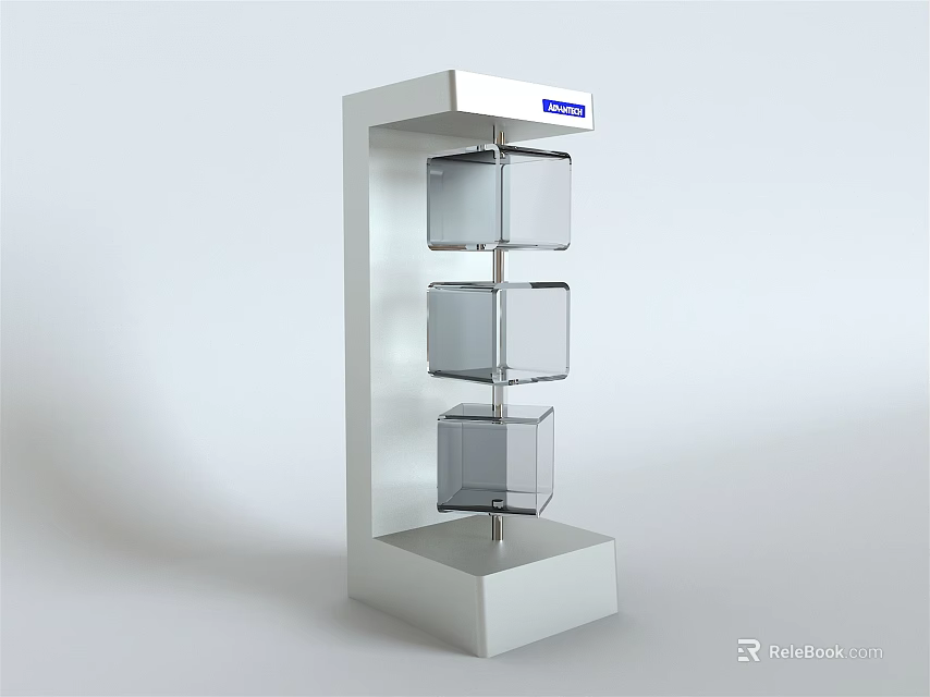 White Three Tier Free Standing Display Shelf With Transparent Cube Compartments And Top Blue Sign 3d model 