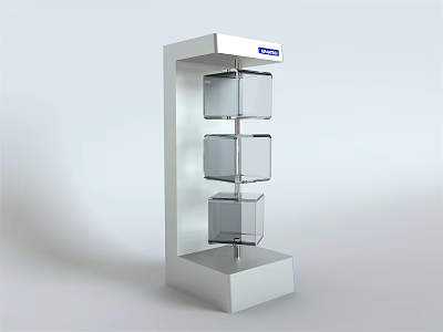 White Three Tier Free Standing Display Shelf With Transparent Cube Compartments And Top Blue Sign 3d model