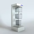 White Three Tier Free Standing Display Shelf With Transparent Cube Compartments And Top Blue Sign