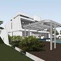 Modern Detached Villa Featuring Glass Facade Pergola Green Lawn And Swimming Pool With Mountain View