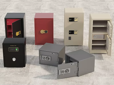 Various Commercial Safes In Multiple Colors With Open And Closed Designs 3d model
