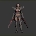 Fantasy Woman Warrior In Ornate Armor Holding Two Red Glowing Swords