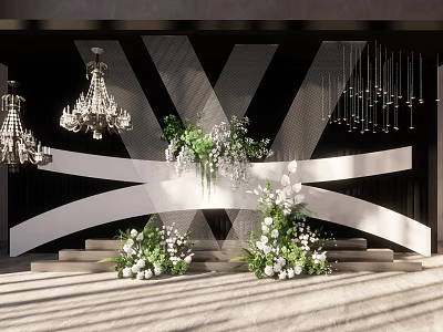 Elegant Banquet Hall Interior With Modern Chandeliers Fresh Flower Decor And Hanging Lighting Fixtures 3d model
