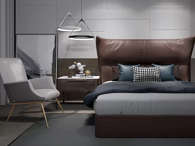 Modern Bedroom Double Bed With Brown Leather Headboard Gray Sheets Blue Checkered Pillows Nightstand Decorations 3d model