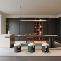 Modern Tea Room Interior With Long Tea Table Round Stools And Dark Cabinets 3d model