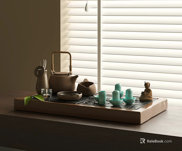 Elegant Tea Set With Wooden Tray Turquoise Cups Teapot And Tea Pet By Window Blinds 3d model 