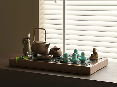 Elegant Tea Set With Wooden Tray Turquoise Cups Teapot And Tea Pet By Window Blinds 3d model