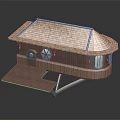 Unique Wooden House With Curved Tiled Roof Circular Window And Elevated Deck