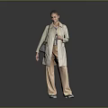 Woman Wearing Beige Trench Coat And Brown Pants On Gray Reflective Floor