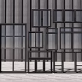 Black Window Frames In Various Sizes And Shapes Against Gray Wooden Wall 3d model