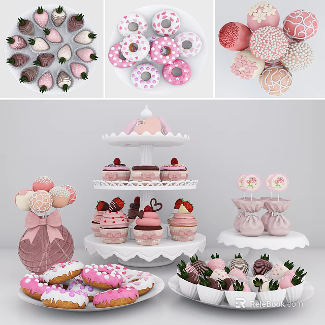 Delicious Assorted Pink Themed Desserts With Strawberries Donuts Cupcakes Lollipops And Tiered Stands 3d model 
