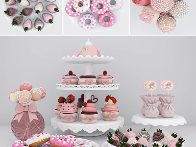 Delicious Assorted Pink Themed Desserts With Strawberries Donuts Cupcakes Lollipops And Tiered Stands 3d model