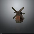 Wooden Windmill Model With Red Brick Body And Reflective Base On Dark Background