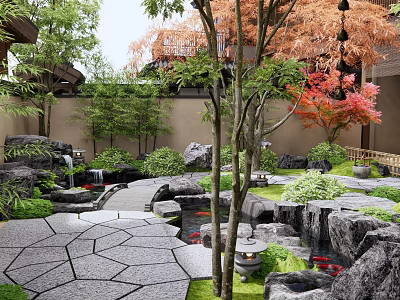 Japanese Karesansui Zen Garden With Raked Gravel Stone Pathway Rock Formations And Stone Lantern 3d model