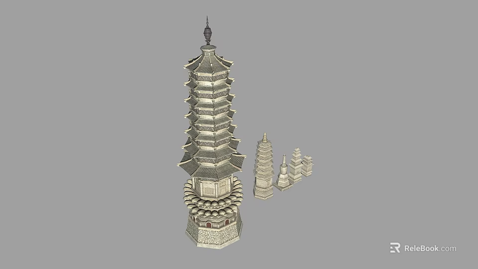 Traditional Multi Tiered Pagoda With Overhanging Eaves Ornate Base And Accompanying Small Pagodas 3d model 