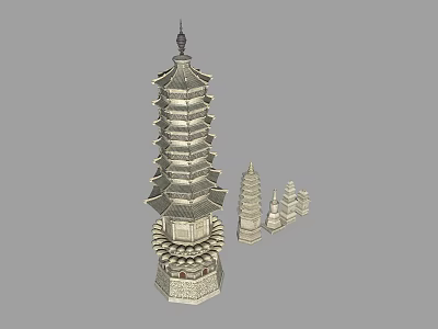 Traditional Multi Tiered Pagoda With Overhanging Eaves Ornate Base And Accompanying Small Pagodas 3d model