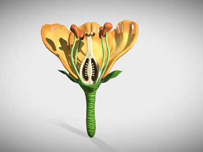 Yellow Flower With Vibrant Petals Green Stem And Central Stamen Structure 3d model