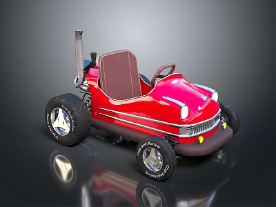 Red Go Kart with Brown Seat Large Wheels on Black Background with Reflection 3d model