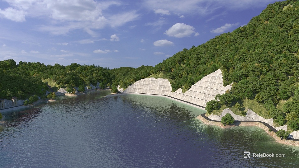 Road Infrastructure with White Protective Structures Amid Green Hills and Calm Waterfront 3d model 