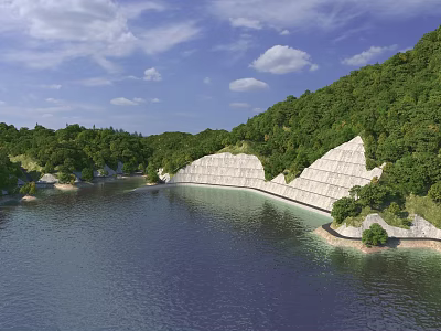 Road Infrastructure with White Protective Structures Amid Green Hills and Calm Waterfront 3d model