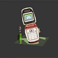 Classic Retro Mobile Phone In Pixel Style With Red Body White Keypad And Green Accessory
