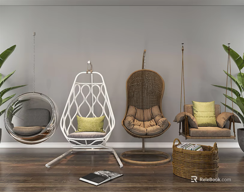 Various Modern Hanging Chairs With Yellow Cushions Green Plants And Wooden Floor 3d model 