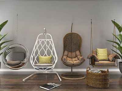Various Modern Hanging Chairs With Yellow Cushions Green Plants And Wooden Floor 3d model