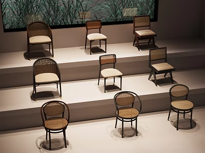 Various Styles of Rattan Chairs Displayed on Tiered Platforms with Natural Backdrop 3d model
