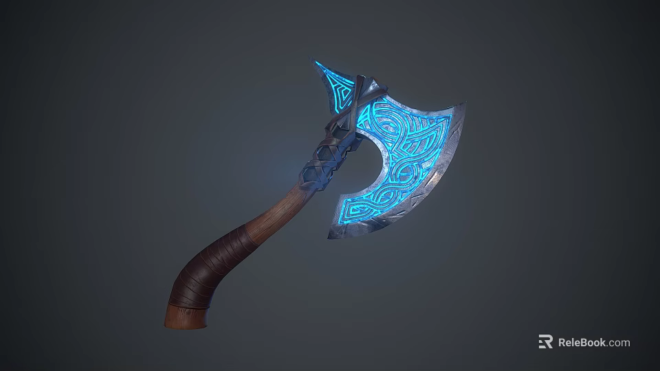 Decorative Axe Ornament With Intricate Blue Glowing Patterns And Wooden Handle 3d model 