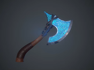 Decorative Axe Ornament With Intricate Blue Glowing Patterns And Wooden Handle 3d model