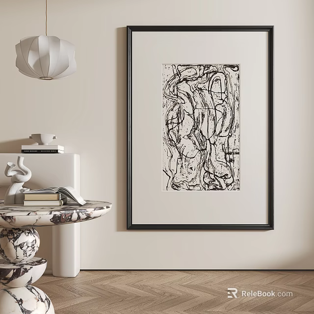 Abstract Painting with Black and White Lines in Black Frame for Modern Interior Wall Decor 3d model 