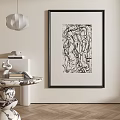 Abstract Painting with Black and White Lines in Black Frame for Modern Interior Wall Decor