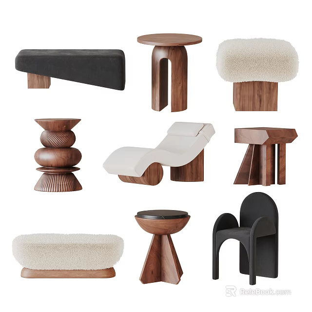 Modern Stool Designs Featuring Wooden Frames Plush Seats And Various Unique Shapes 3d model 