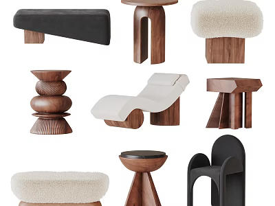 Modern Stool Designs Featuring Wooden Frames Plush Seats And Various Unique Shapes 3d model