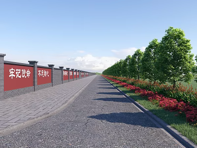 Urban Road Facilities With Gray Brick Walls Red Slogans Trees And Red Flower Beds 3d model